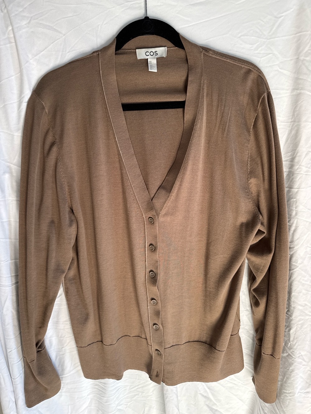 COS Silk Cotton Cardigan Taupe Brown Oversized V-Neck Size M